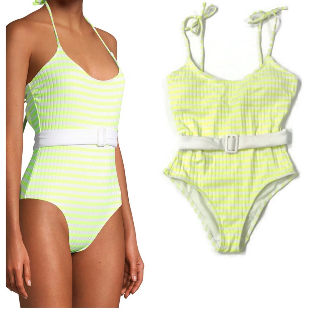 Yellow & White Striped One-Piece Swimsuit Small